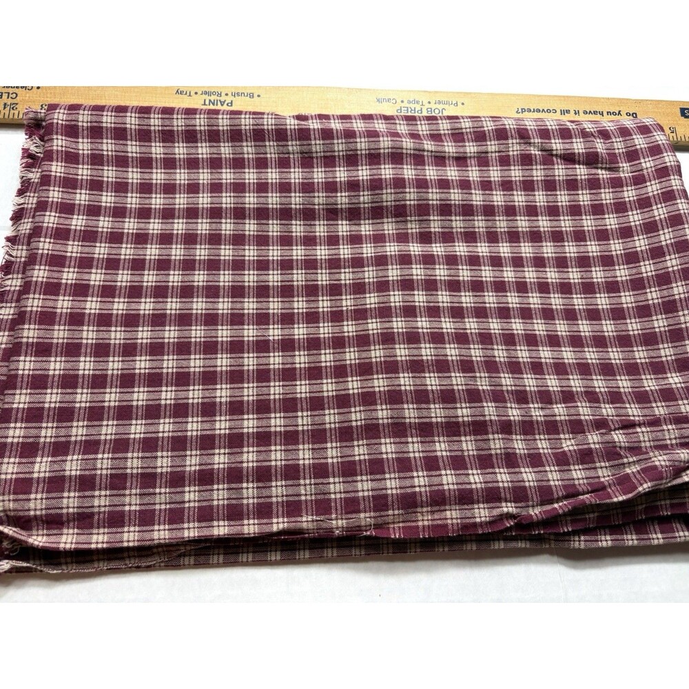 Burgundy Cream Plaid Fabric 2.25 Yards Primitive Country Quilt Sewing